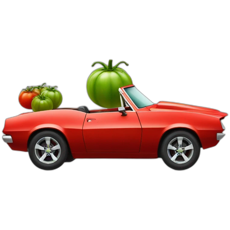 tomato headed man driving a red camaro emoji