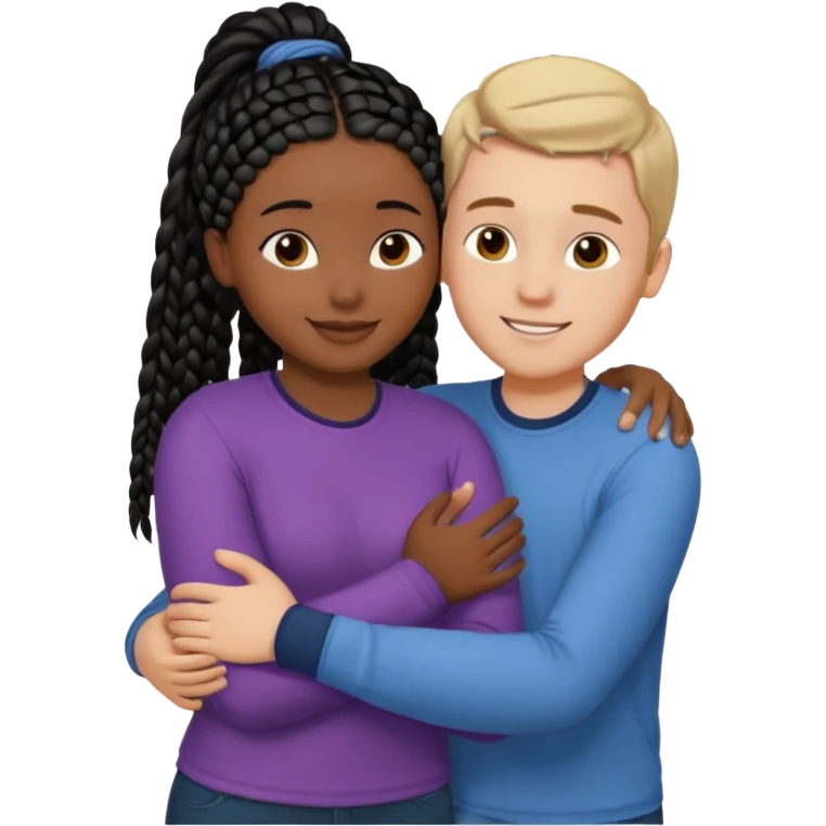 Dark black girl with black braids and tan white boy with curvy straight brown hair, they are hugging and smiling, and touching each other with their hands emoji