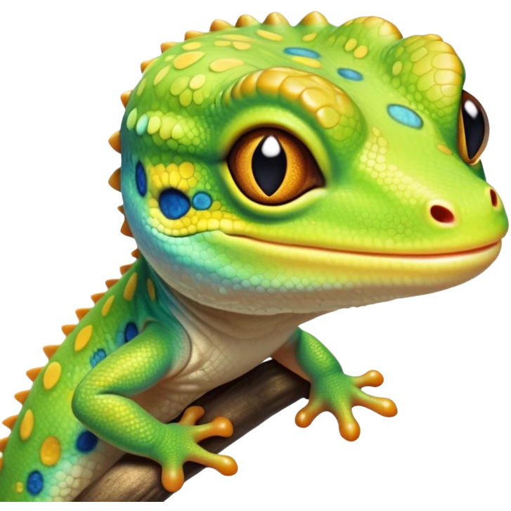 cinematic-cute-realistic gecko-portrait-emoji,-head-tilted-playfully-and-inquisitively,-featuring-a-small,-charming-body-with-smooth,-vividly-patterned-scales,-bright,-sparkling-eyes-and-delicate,-sticky-toe-pads,-simplified-yet-irresistibly-adorable emoji