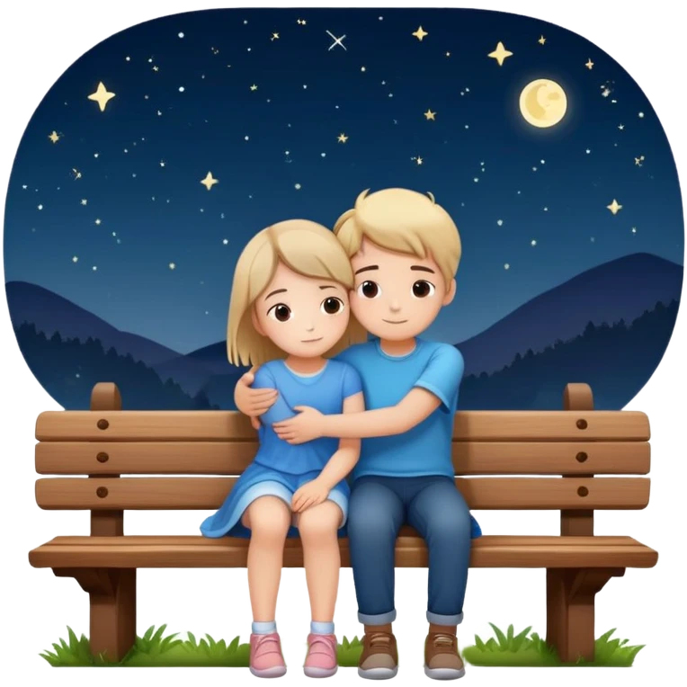 A boy and a girl sitting on a bench, hugging, underneath the stars emoji