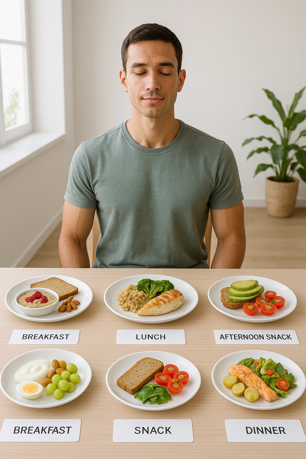 Uomo sereno con fisico sano e asciutto seduto davanti a un grande tavolo diviso in 5 sezioni, ognuna con un pasto bilanciato: colazione, spuntino, pranzo, merenda, cena. Ogni piatto ha porzioni equilibrate di proteine, carboidrati e grassi salutari. Ambiente ordinato, stile di vita sano, luce naturale, atmosfera di consapevolezza nutrizionale. emoji