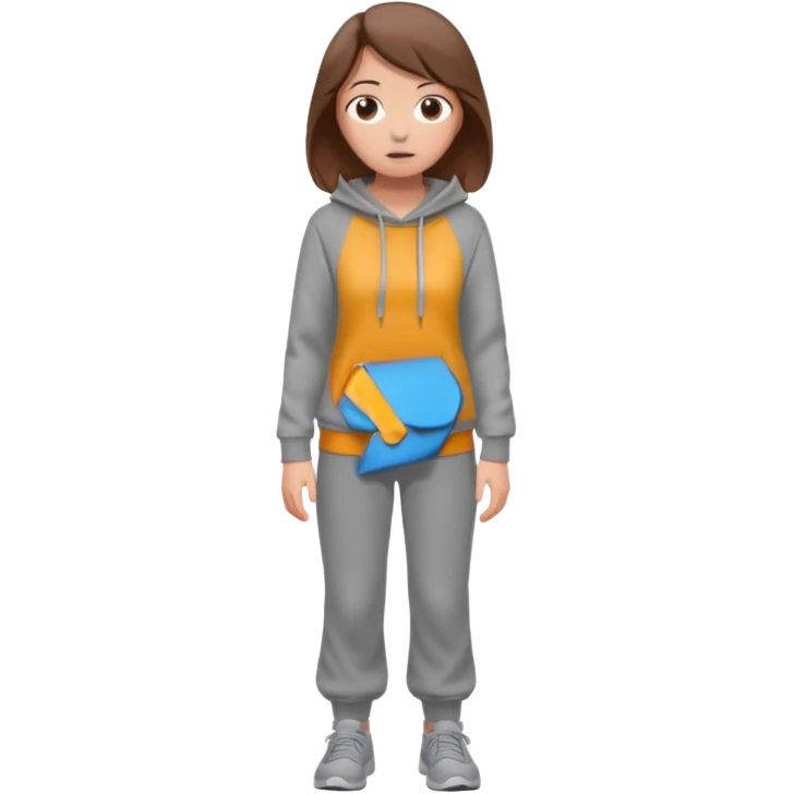 Chica grande  asustada de cuerpo completo mirado a la izquierda con pelo castaño pantalones grises y hoodie gris  emoji