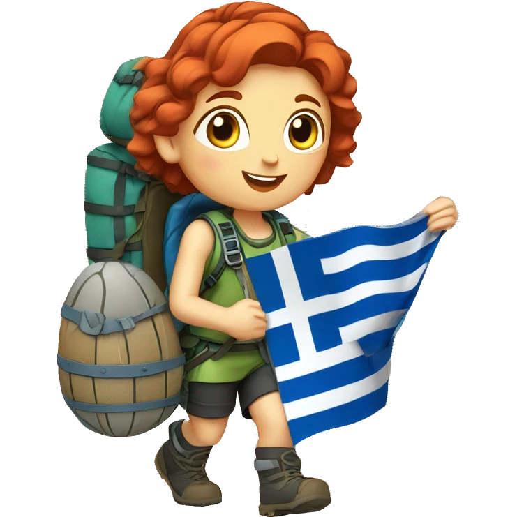Female mountain climber red hair climbing with Greek flag on backpack and holding Easter eggs basket emoji