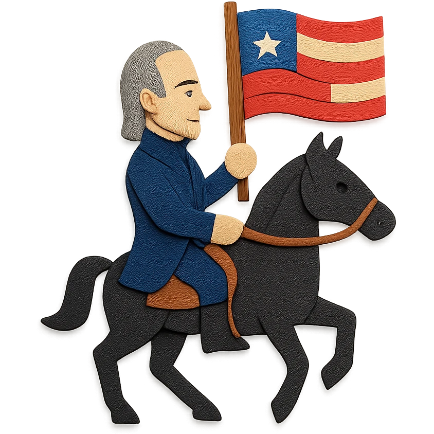 Polk on a dark horse, holding a flag, layered paper look, paper craft style emoji
