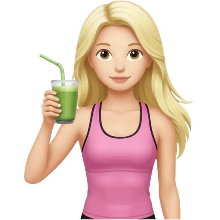 long haired blonde pilates instructor in pink drinking matcha in cute set emoji