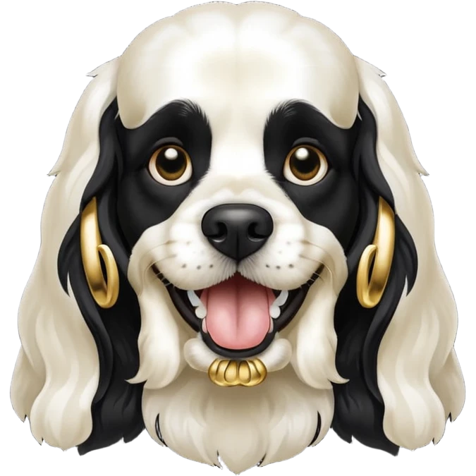 Собака породы черно-белый русский кокер спаниель с грилзами emoji