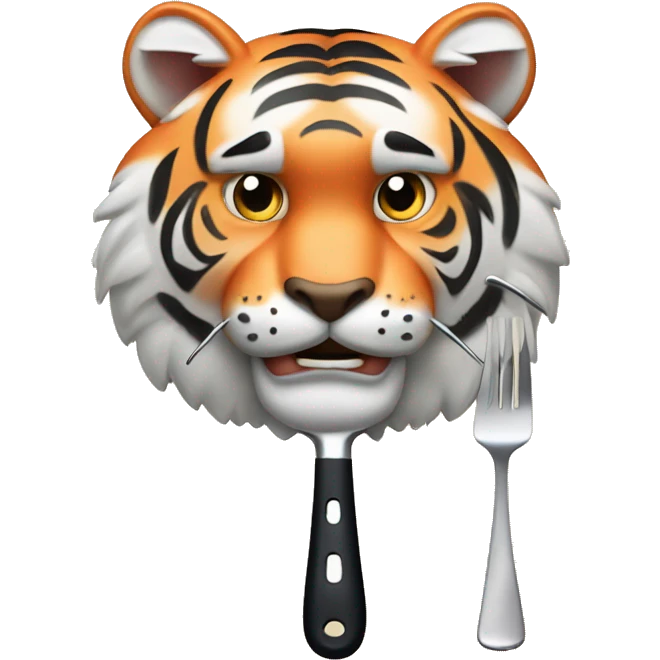 a muscular grinning tiger holding a fork poking into a fillet of salmon with the tip of its paws emoji
