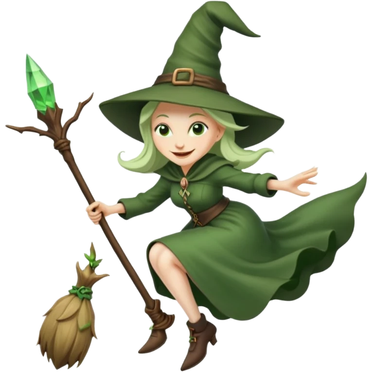 Traditional green old witch flying on a broom emoji emoji