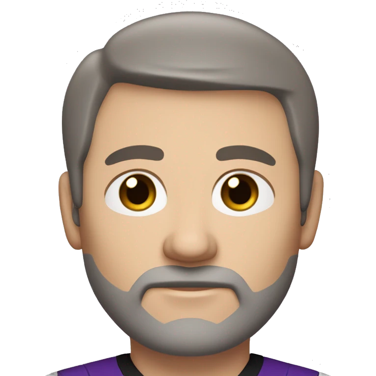 45-year-old caucasian man with a slightly round face, short hair with a small central crest and a slightly receding hairline. He has brown eyes, very short dark & white beard, and wears a black and purple soccer jersey. emoji