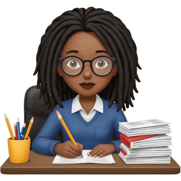 Black female with dark dreadlock hair and large round glasses with a desk full of papers emoji
