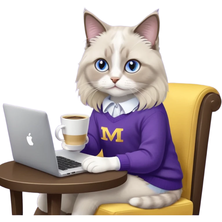 a cute blue eyed brown and white ragdoll cat with white paws and brown and beige tail wearing the dark violet sweater with yellow letteting "Milena" sitting on the grey sofa with grey laptop and drinking coffee emoji