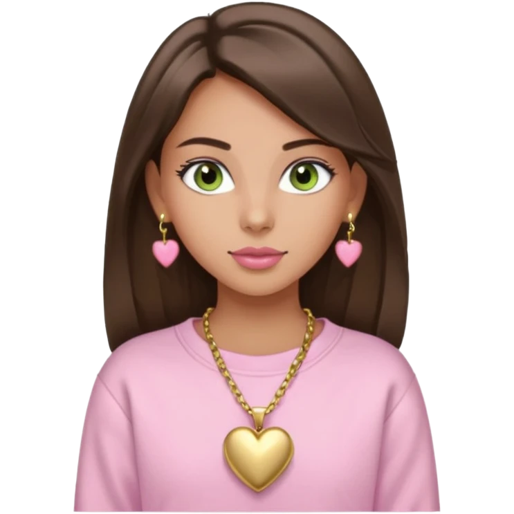 Create a teen girl wearing a light pink sweatshirt. She will have brunette hair, tan skin, pink lips, and grey-green eyes. She has long eyelashes. She is wearing gold stud earrings and a gold necklace with a heart-shaped pendant. emoji