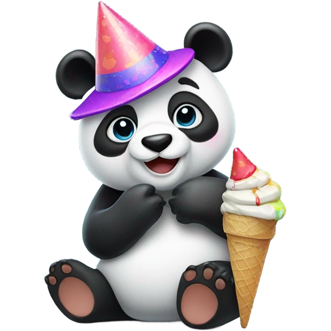 Panda crying while wearing a party hat on his head while eating ice cream emoji