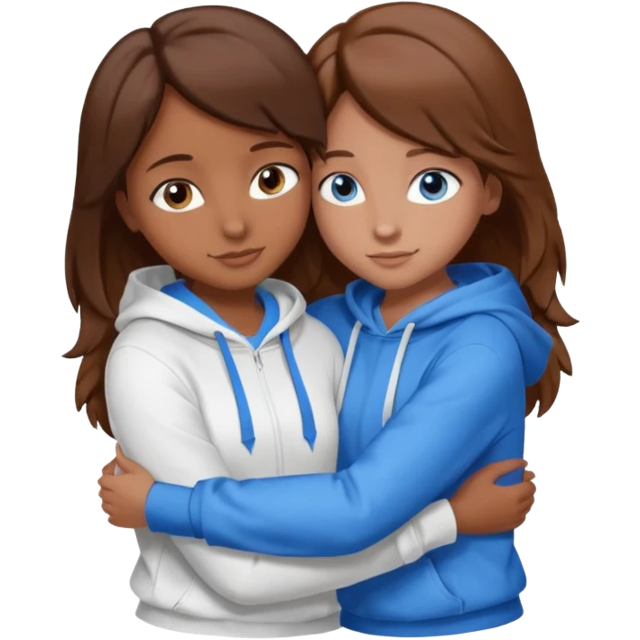 two Girls, Brown and Blonde hair, with Blue Eyes hugging one has Brown hair cute Hug another Version  Both Blue eyes and white hoddies emoji