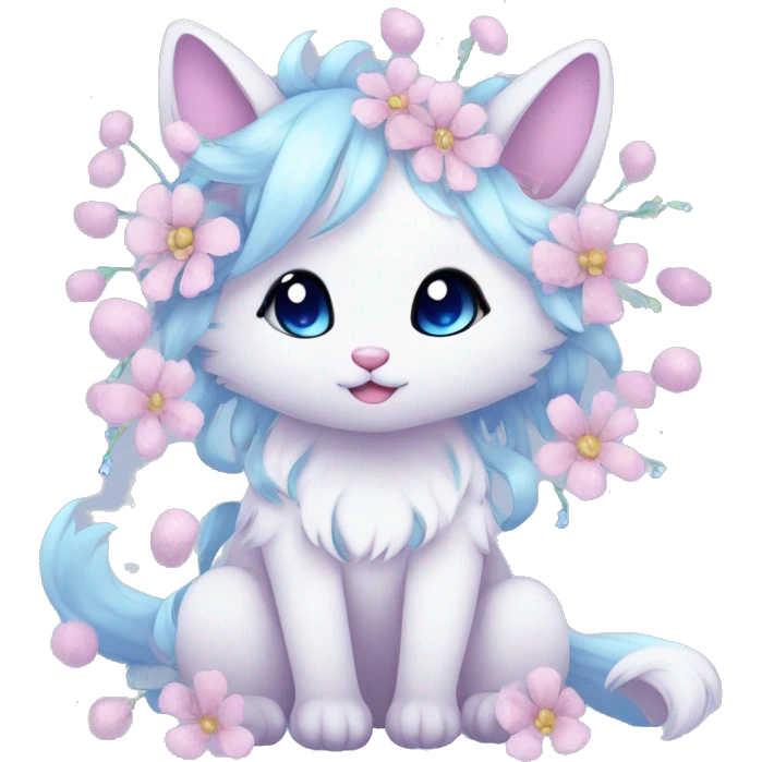 Anthro Cute Cool Pastel Innocent Shy Kawaii gorgeous sparkly ethereal fantasy animal creature with blue eyes furry sona with flowers and ribbons beautiful aesthetic emoji