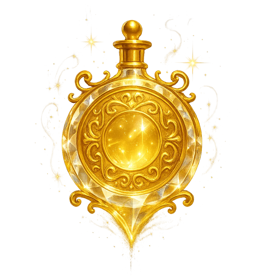 crystal, luxurious elixir bottle in coin shape, golden, lots of shine, edges, ornaments, magical effects, very small golden neck, transparent background, beautiful merging bottom, clearly floating in air, no base or shadow, premium class, matching the collection emoji