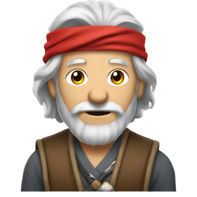 Old man wth long grey hair and a red bandana around his neck, wearing crown  emoji