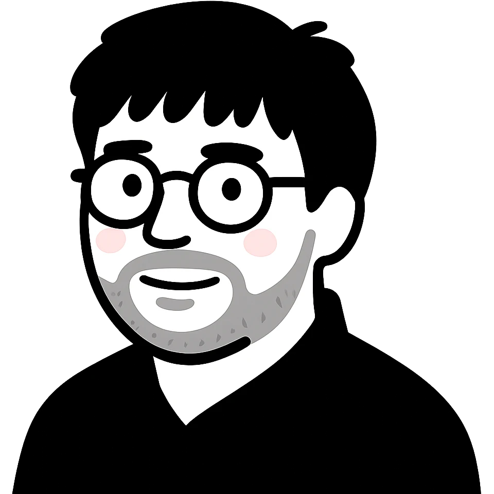 A man with round glasses, longer tousled messy hair with straight bangs, a full round face, a broader nose bridge, and a soft short beard emoji