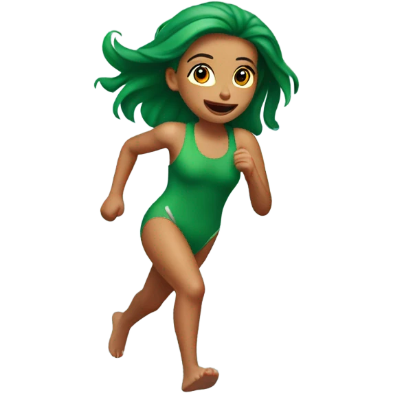 Running out of house, in bathing suit  with red green hair girl emoji