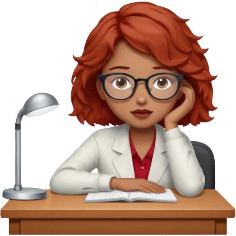 Pretty model, brown eyes, soft red short wavy hair, falling asleep at desk, wearing glasses emoji
