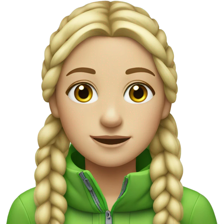 blonde girl, with freckless, green eyes, cite, two braids and goes skiing emoji