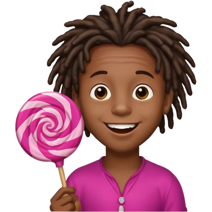 A small black dread lock hair boy holding a giant lollipop, smiling with sticky cheeks. emoji