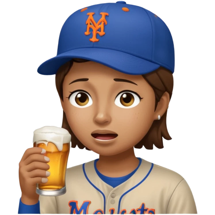 Mets fan with a hat and short brown hair crying with a beer emoji