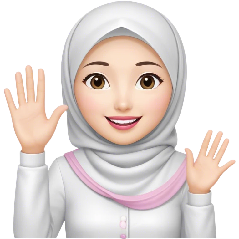 Asian white woman hijab, her hijab color is white, her face is small oval, her face is firm, her lips are pink, her eyes is shining, her face looks happy and excited, her eyes are also smiling, her outfit color is white. Generate emoji that show full body, and her left hand is waving to the left emoji