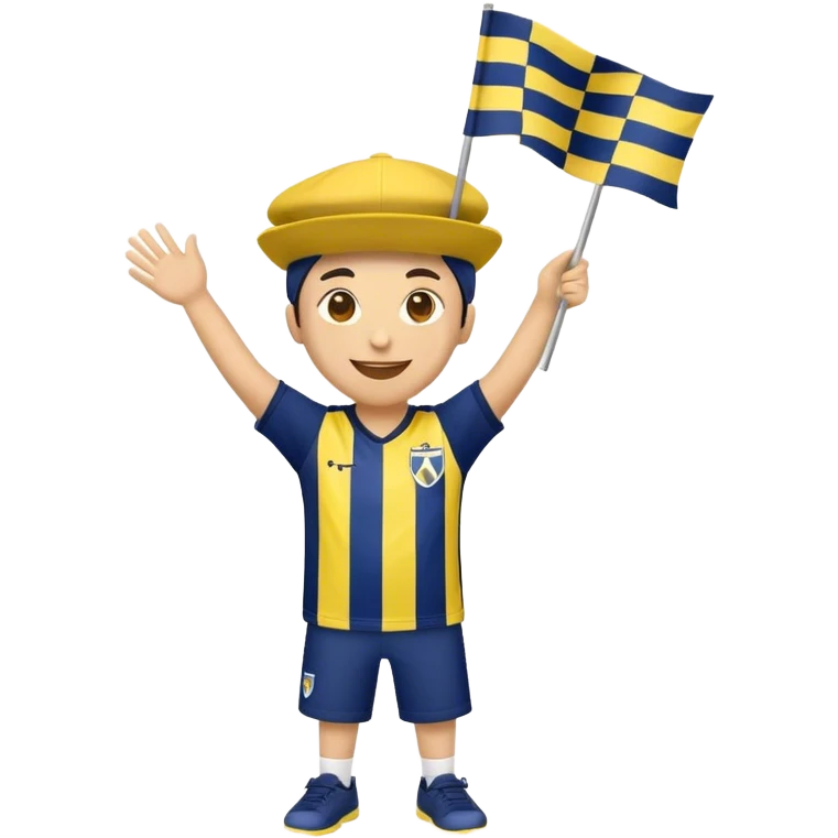 I want a yellow circle emoji (not a human emoji) holding a yellow and navy blue checkered flag in both hands, wearing a yellow and navy blue hat, dancing, and smiling. The emoji should also have Fenerbahçe’s striped jersey either on itself or on the flag.” emoji