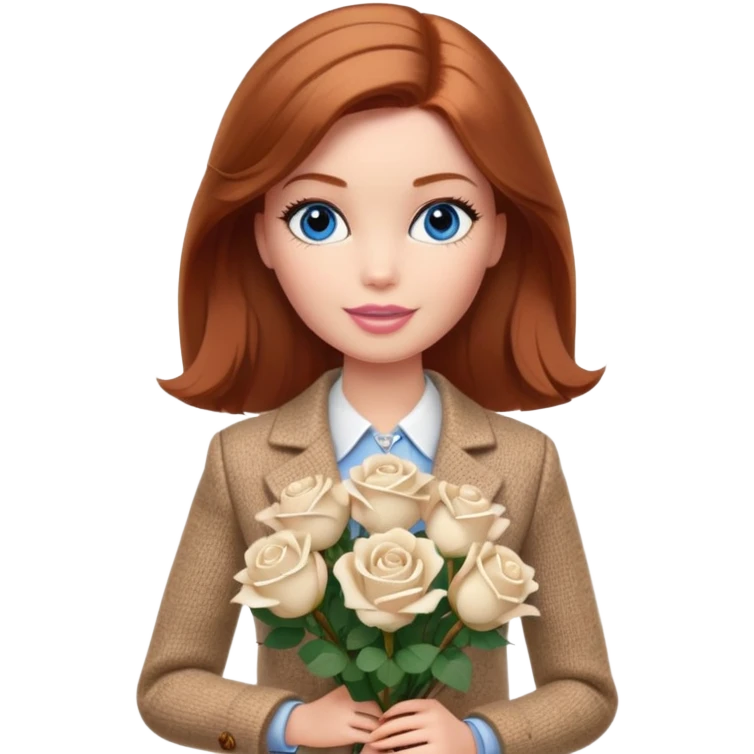 A Barbie girl with blue eyes, shoulder-length reddish-brown hair, made-up, wearing a beige tweed jacket and a beige skirt, with a bouquet of white roses emoji