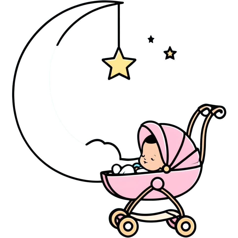 sleeping baby in pink and beige stroller under a crescent moon with sparkling stars and pastel blue clouds emoji