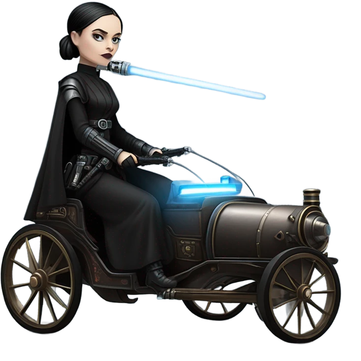 Wednesday Addams Jedi bounty hunter driving a modern blue,red and pewter steampunk electric carriage  emoji