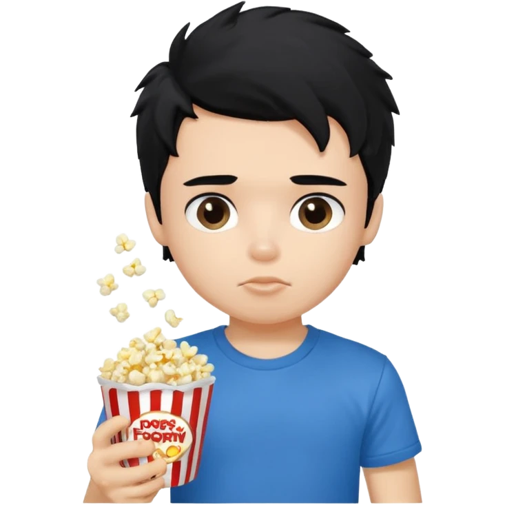 generate a pretty fair bratz boy with a blue tshirt on. eating popcorn. messy black hair emoji