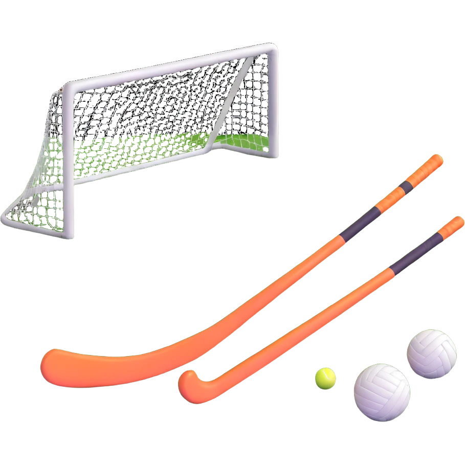 field hockey stick and ball on lush green grass with goals emoji