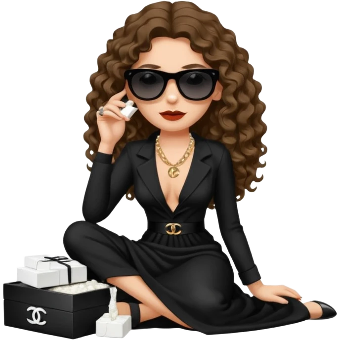 Female drug boss with long curly brown hair,  sitting on a pile of cocaine, sunglasses on and wearing black low cut long Chanel dress emoji