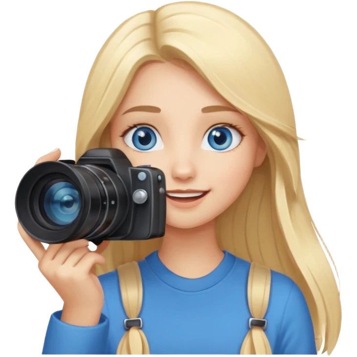  blue eyes blonde girl photographer cartoon taking picture in middle of taking picture camera in front of face long hair smiling funny flash professional, camera in front of face emoji