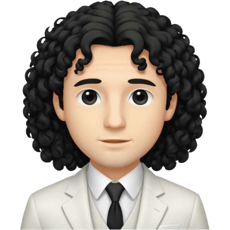 Cockasian guy with black long curly hair thats on his face and black eyes wearing a White simple suit guy  emoji