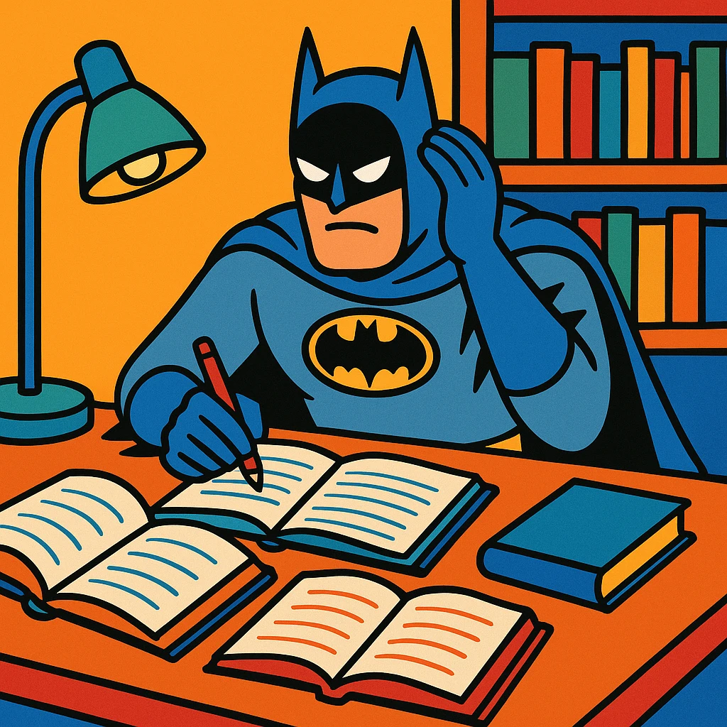 Batman studying with books and notebooks, study environment, illustration style emoji