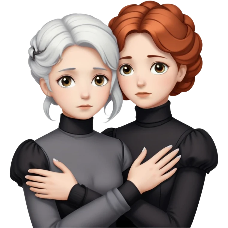 Two Victorian women with grey eyes in a sad, intimate hug. One has bright white coiffed hair, one has dark copper coiffed hair. Both wearing Victorian turtleneck dresses with arms tightly around each other. emoji
