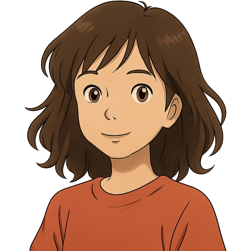 ghibli style portrait of an Asian girl with medium brown wavy hair and brown eyes emoji