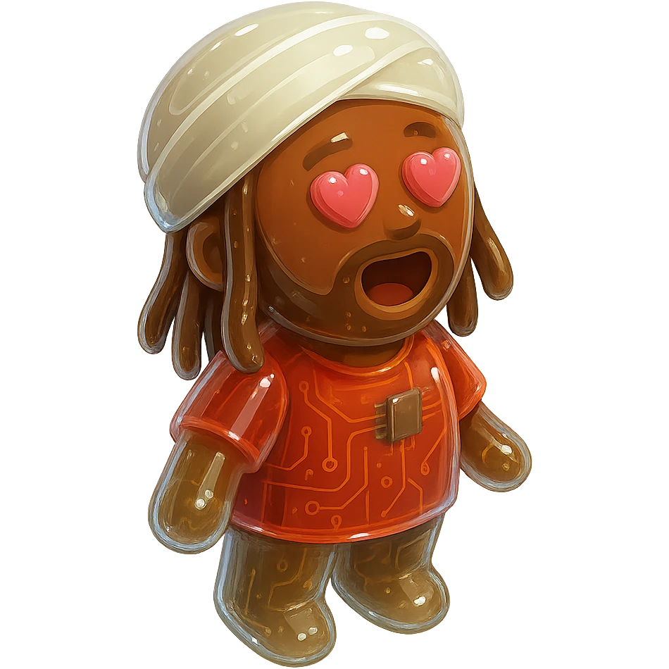 Brownskin man with long brown dreadlocks 
red t-shirt 
white turban 
expression is in love 
his eyes mouth open  emoji