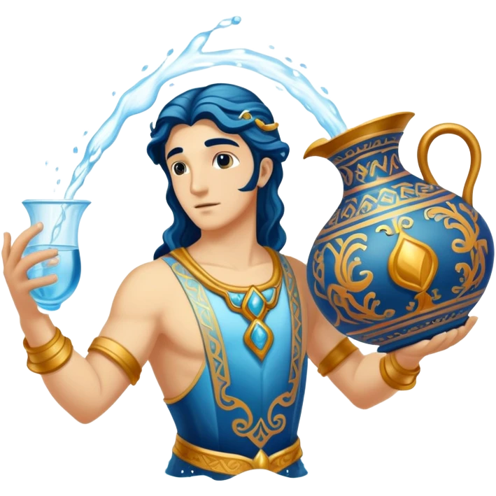 The zodiac symbol Aquarius. A mystical beautiful water bearer, pouring water from a large, intricate, and arcane vase emoji