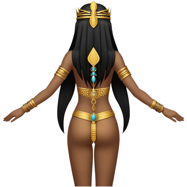 fullbody back view of Anunnaki goddess Inanna with long black hair, Mesopotamian symbols, naked back, short gold bracelets on wrists and gold anklets on feet, arms positioned down at sides, medium-dark brown skin emoji