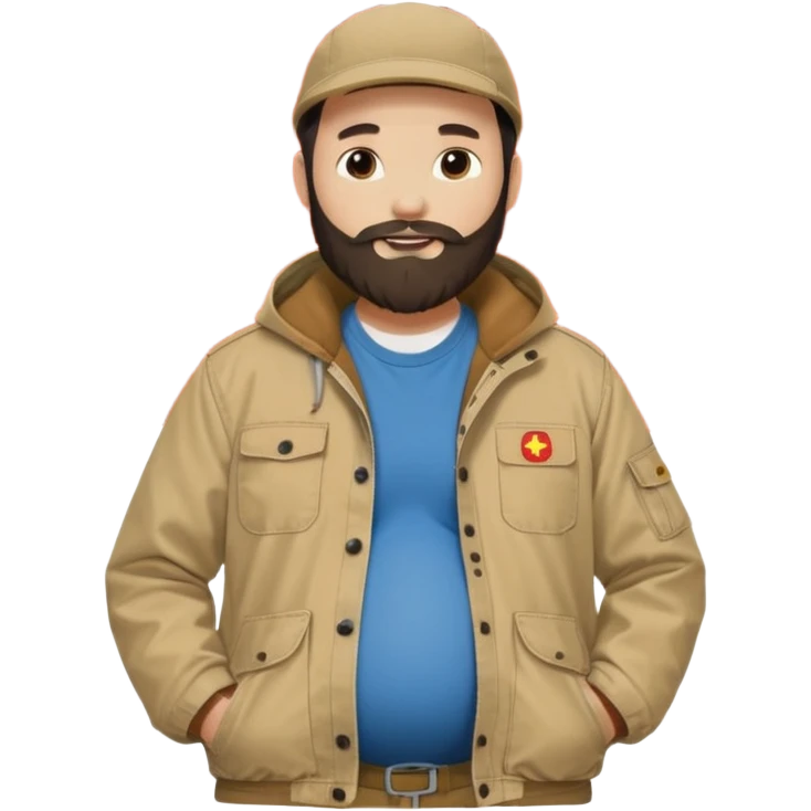 Bearded man with pregnant belly poking out of shirt wearing a tan canvas carhartt jacket next to chinese flag emoji