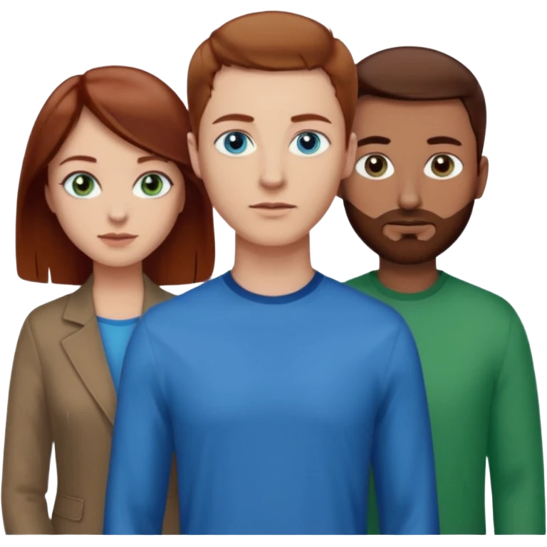 One woman with blue eyes, brown hair, light skin standing next to another woman with darker red brown hair, lighter skin, and green eyes, standing next to a man with no facial hair, blue eyes, and short brown hair emoji