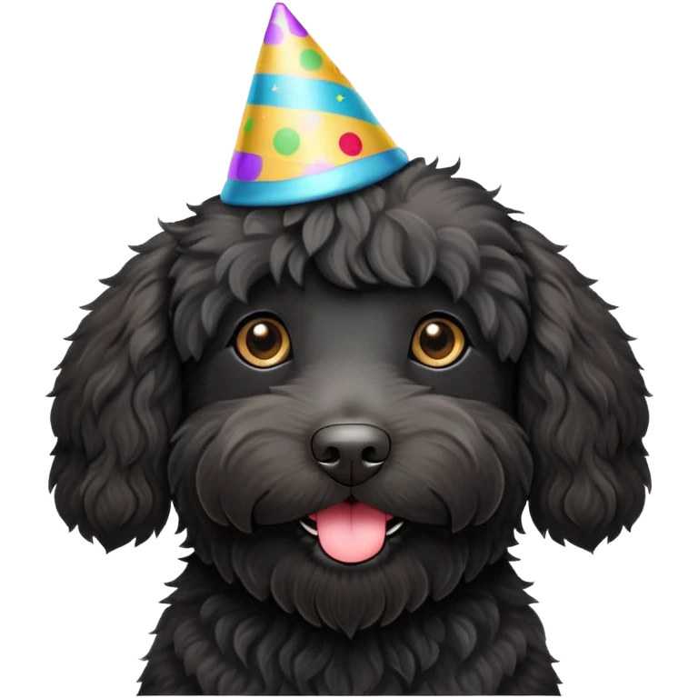 Long haired black labradoodle party hat emoji