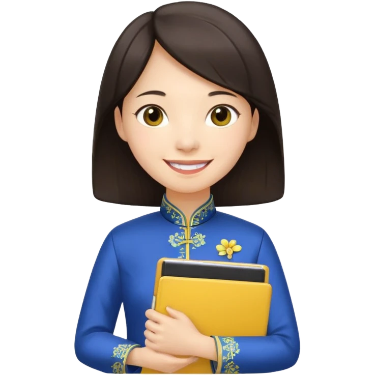 Teacher emoji but : european volume dark brown hair, light skin, no glasses, dark eyes, with a computer folder in the hand (color is yellow), being a teacher, wearing a chinese qipao ( dark blue), smile with teeth





 emoji