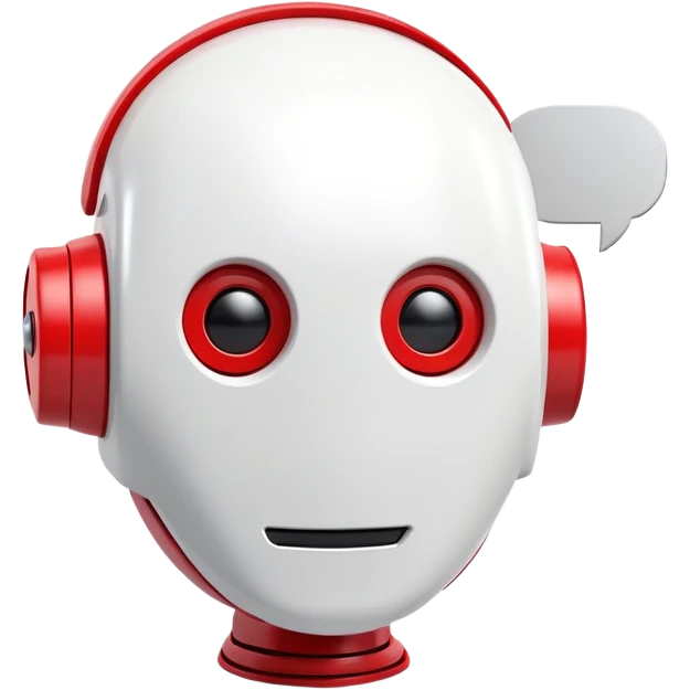 A minimalist 3D icon of a friendly robot head with a speech bubble, in red and white color scheme, clean design, soft shadows, YouTube-inspired style emoji