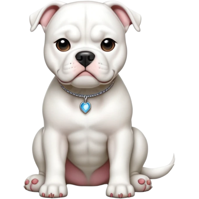 cinematic-[american bulldog]-realistic-full-body-sitting-emoji,-tail-resting-loosely-beside-its-paws,-head-tilted-dramatically,-sleek-[solid white]-fur,-simplified-yet-realistic-focused-features,-highly-detailed,-glowing-with-an-almost-sarcastic-glow emoji