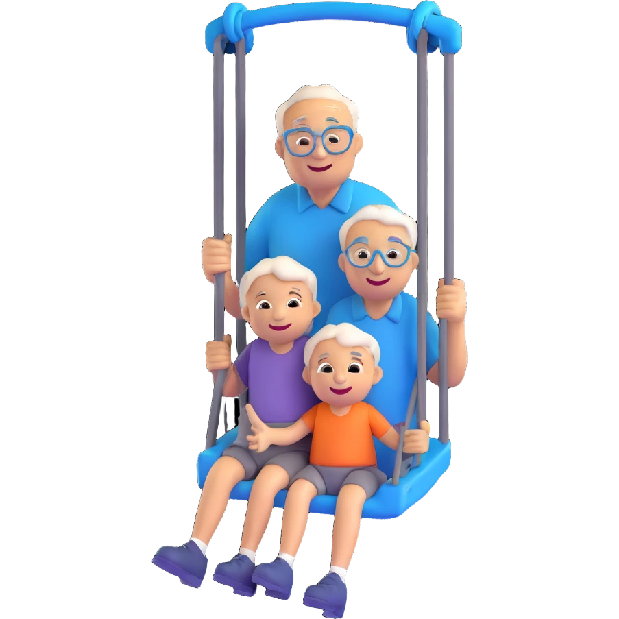 3D smiley emoji, round shape, grandfather pushing a grandchild on a swing, blue color, smiling face emoji
